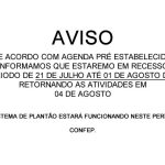 Aviso, período de recesso do CONFEP