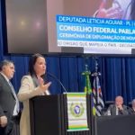 Deputada Letícia Aguiar, patrona da Turma falando sobre os novos Delegados do Confep na ALESP.